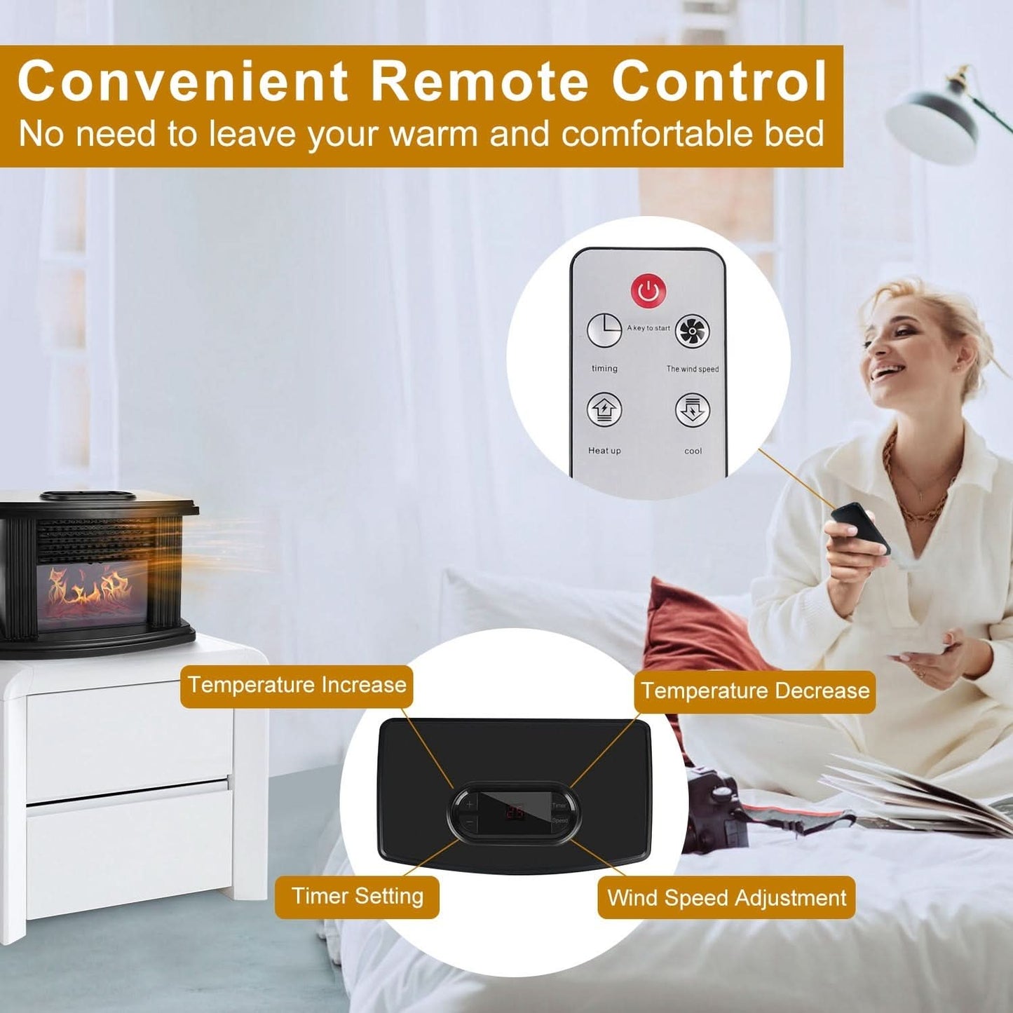 Chauffage d'appoint électrique cheminée 800 W à flamme artificielle avec thermostat numérique précis, minuterie, télécommande et protection contre la surchauffe pour bureau ou chambre.