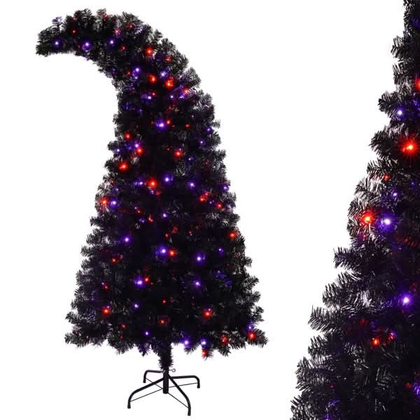 Sapin de Noël artificiel de 1,80 m avec lumières LED, sapin de Noël artificiel incurvé pré-illuminé avec 900 branches, sapin de Noël noir