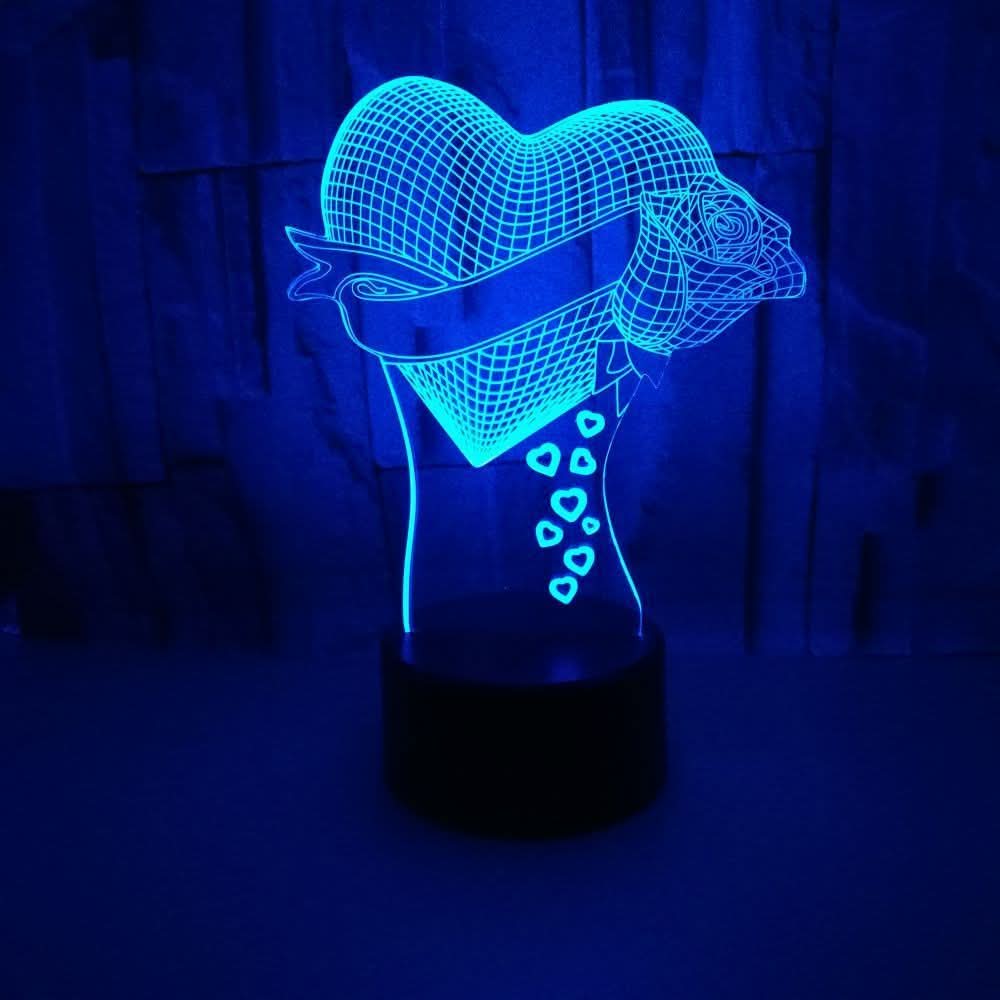 Lampe de table à effet 3D avec illusion d'optique, motif cœur et rose, cadeau de Saint-Valentin.
