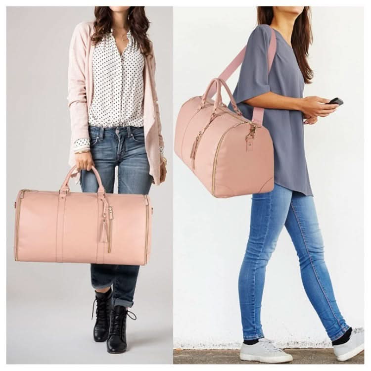 Two people carrying a pink travel duffle by its handles and shoulder strap