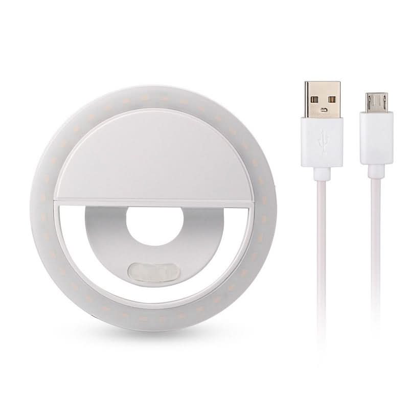 Lampe d'appoint pour téléphone portable, modèle RK12, rechargeable par USB, avec retardateur et effet beauté pour selfies.