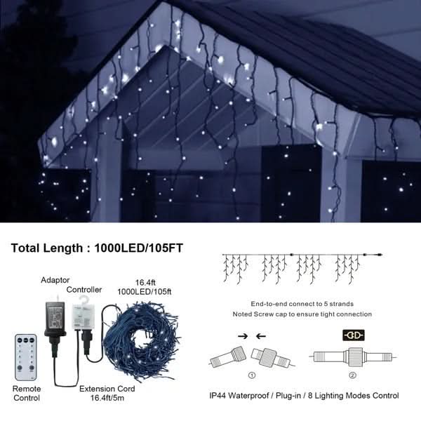 Guirlande lumineuse extérieure de 32 m (105 pi) pour décorations de Noël, 1000 LED, 8 modes d'éclairage, 50 pampilles, étanche, avec minuterie et fonction mémoire. Idéale pour les décorations de Noël, mariages et fêtes.