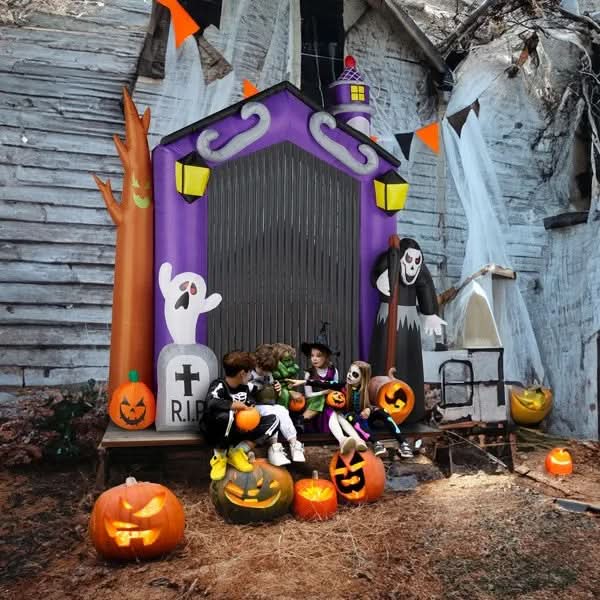 Arche de château hanté gonflable de 3 m (9,8 pi) pour Halloween, décorations extérieures, fantôme géant de la Faucheuse gonflable pour Halloween, décoration de jardin, pelouse et cour avant.