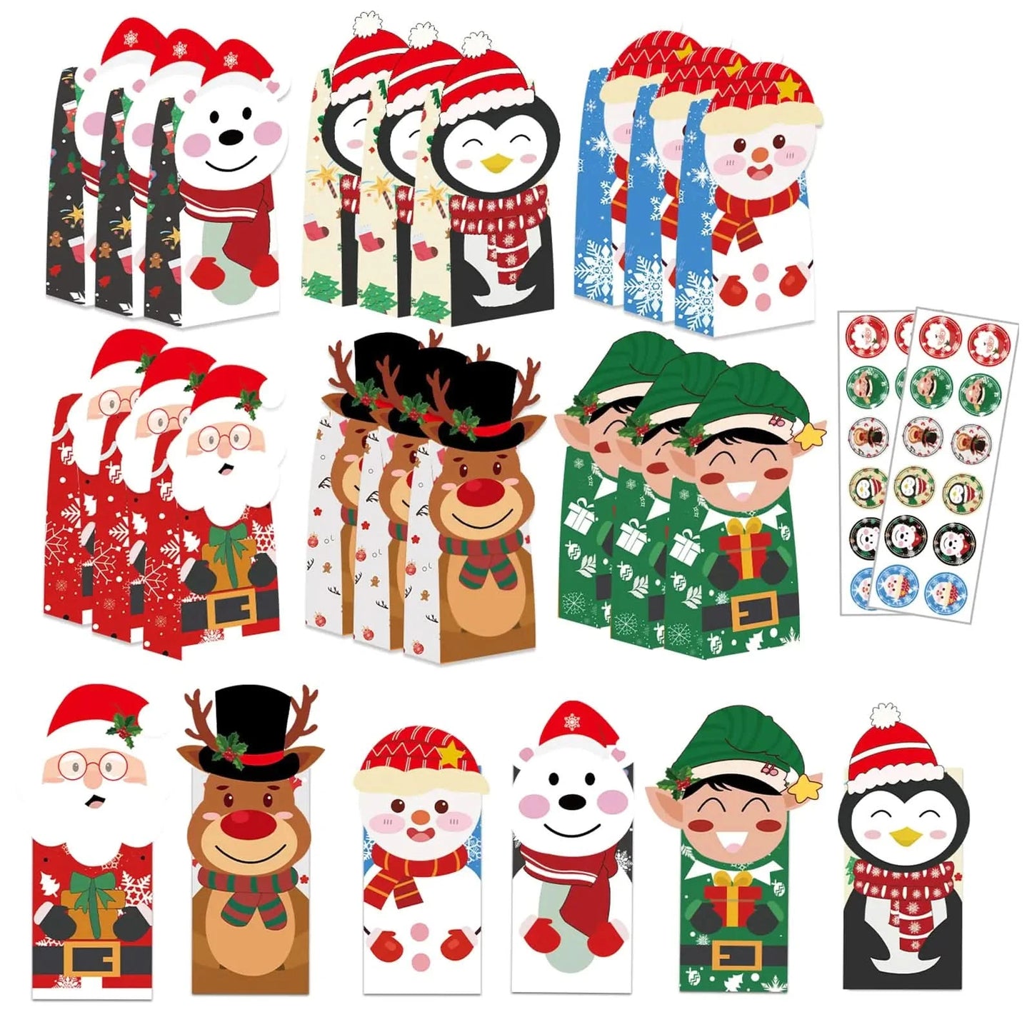 Sachets cadeaux de Noël festifs, lot de 24, avec autocollants