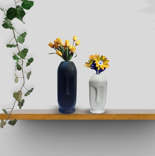 Handgefertigte Keramikvase mit Gesichtsmotiv, Blumenvase, dekorative Vase für Pampasgras, Vase für Wohnzimmer, Esstisch, Landhausstil, 2er-Set (1 große schwarze & 1 kleine weiße)