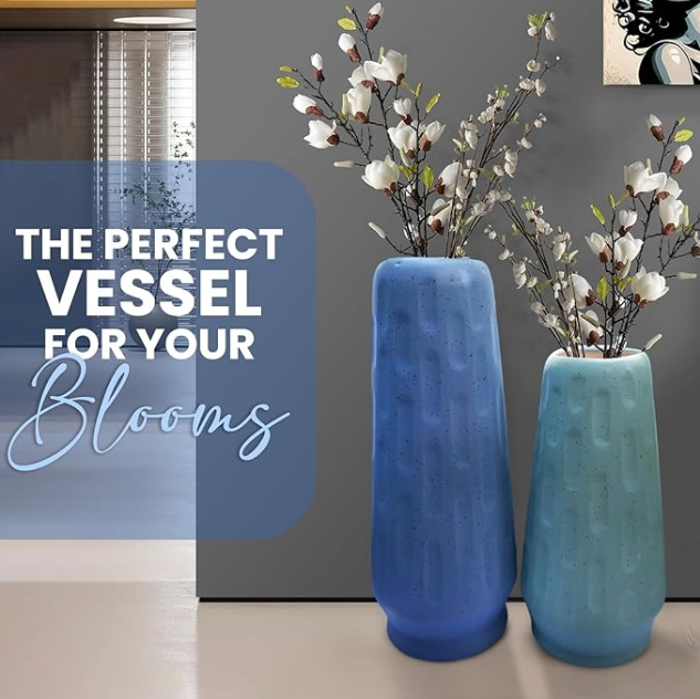 Handgefertigte Keramikvase, Blumenvase, Dekorative Vase für Pampasgras, Vase für Wohnzimmer, Esstisch, Landhausstil, Bürodekoration, 2er-Set (1 große blaue & 1 kleine grüne)
