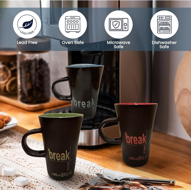 12-Unzen-Keramikbecher für Kaffee, Teetassen mit großem Henkel und positiver Ausstrahlung, spülmaschinenfest, 4er-Set, Grün, Rot, Gelb & Blau