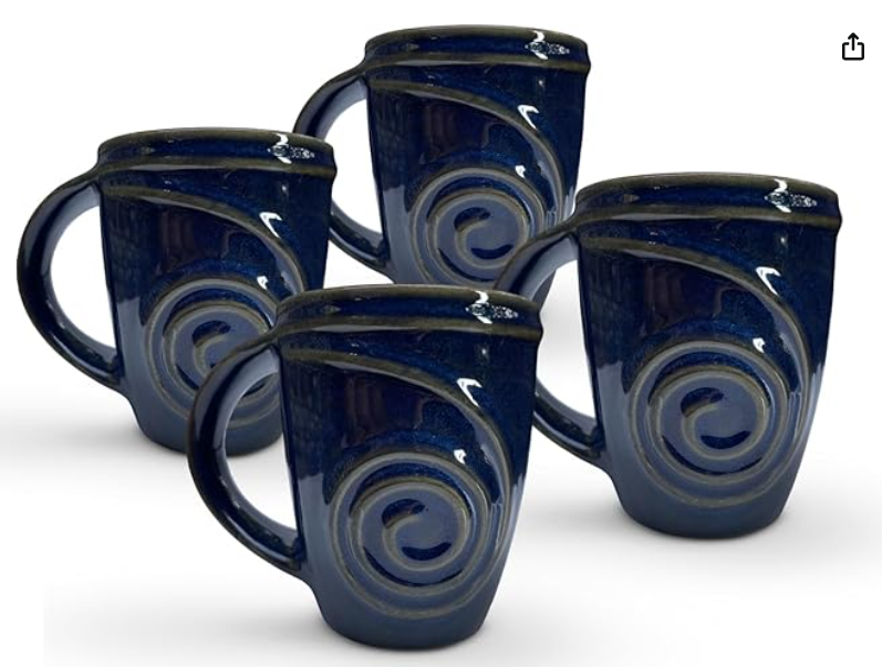 8-Unzen-Keramikbecher mit Wirbelmuster, elegant blau und glänzend, spülmaschinenfest, modernes Design, ideal für Kaffee, Tee und heiße sowie kalte Getränke, 4er-Set, blau