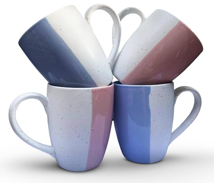 10 oz handgefertigte Keramik-Kaffeetasse, halbfarbig - Spülmaschinenfest, modernes Design, ideal für Kaffee, Tee, heiße und kalte Getränke, Geschenkset mit 4 Tassen (2 rosa und 2 blaue)