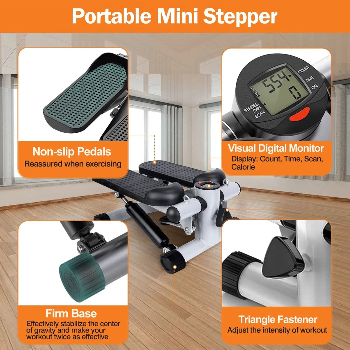 Mini Fitness Stepper with Resistance Bands and LCD Monitor