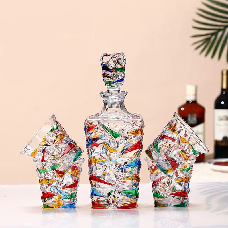 Pink Glacier Crackle-Glass Decanter and Cups Set