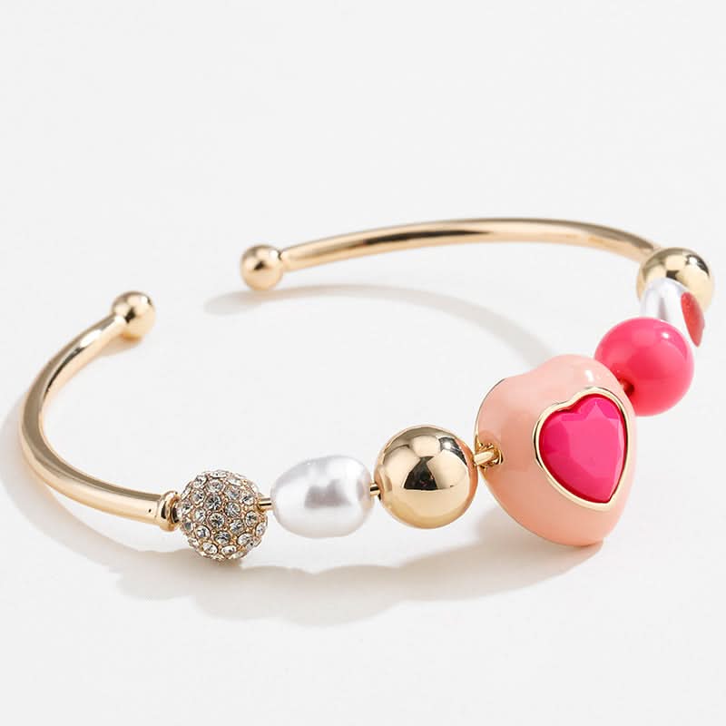 Heart & Peach Faux Pearl-Style Charm Bracelet Set, Adjustable