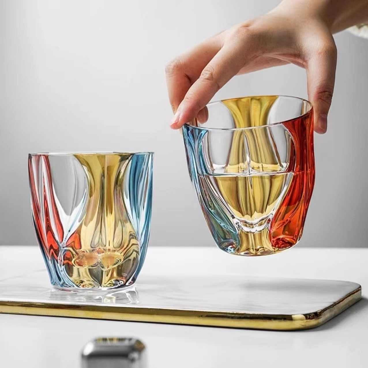 Painted Glass Whiskey and Water Cup Set