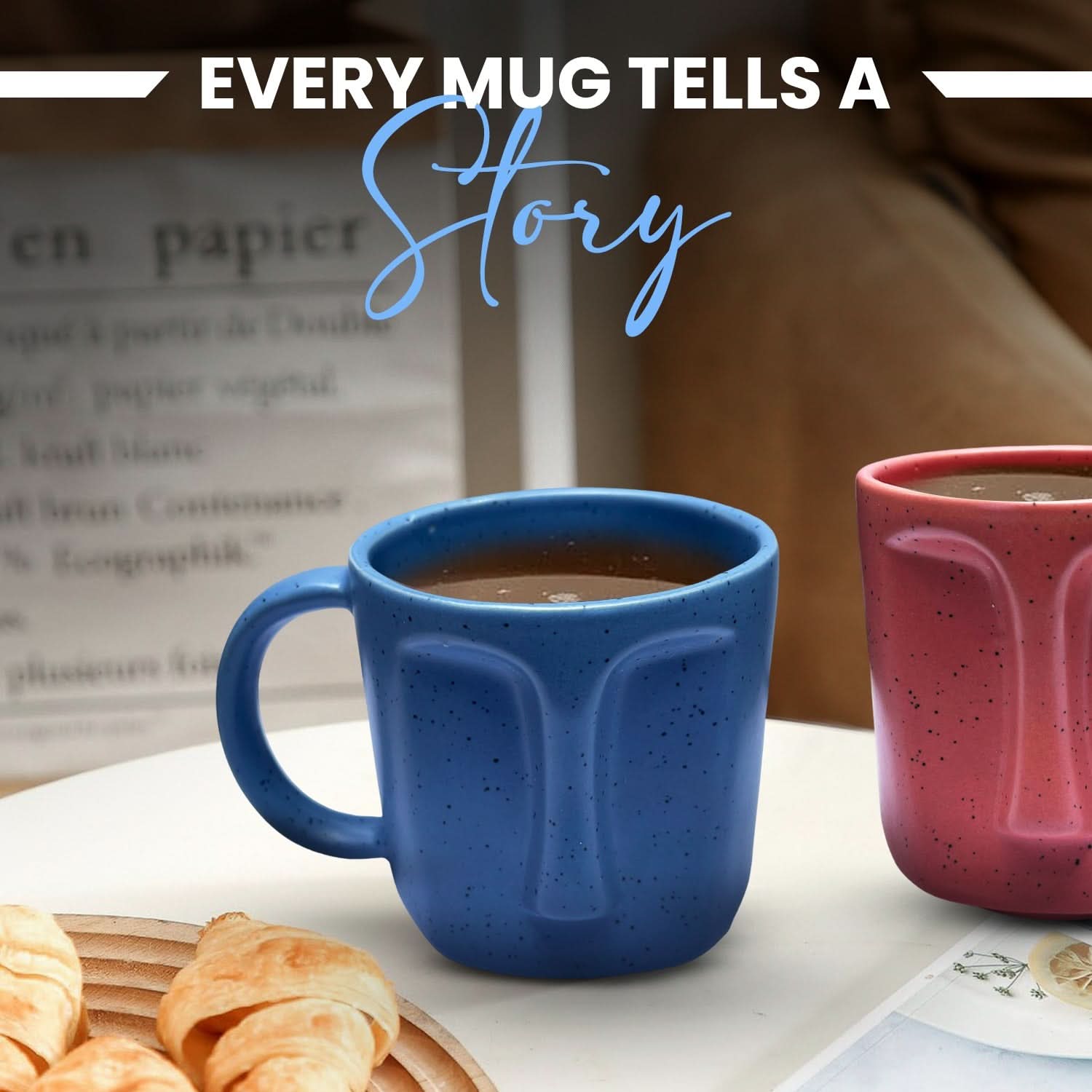 12 oz Face Ceramic Mug Set of 2, Pink and Blue