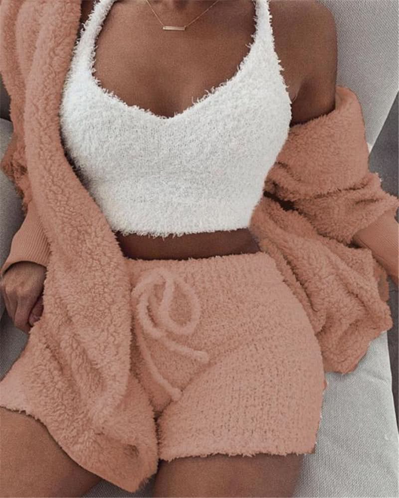Women's Long Sleeve Crop Top and Shorts Pajama Set, 3pcs