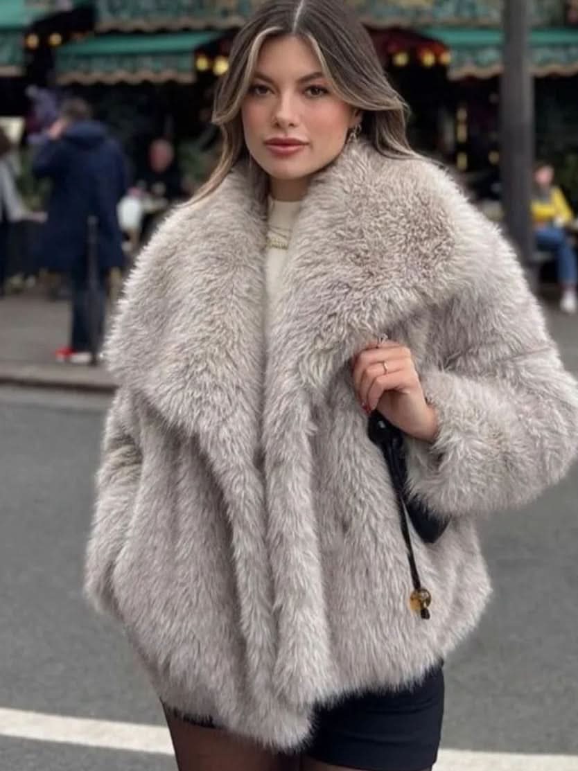 Manteau d'hiver en peluche chaude et épaisse, style tendance, veste à revers duveteuse, haut décontracté à manches longues pour femmes