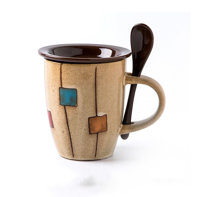 Patterned Coffee, Tea or Milk Cup With Lid Spoon