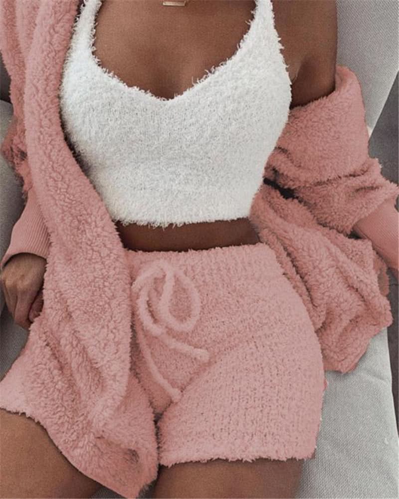 Women's Long Sleeve Crop Top and Shorts Pajama Set, 3pcs