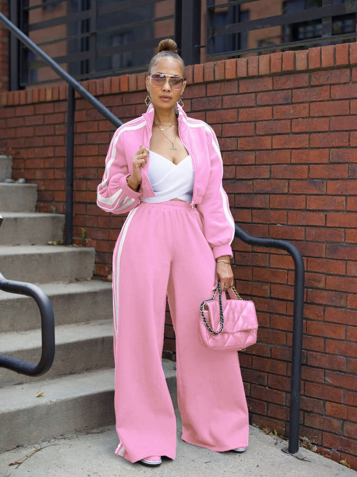 Striped Zip-Up Sweater Two-Piece Set
