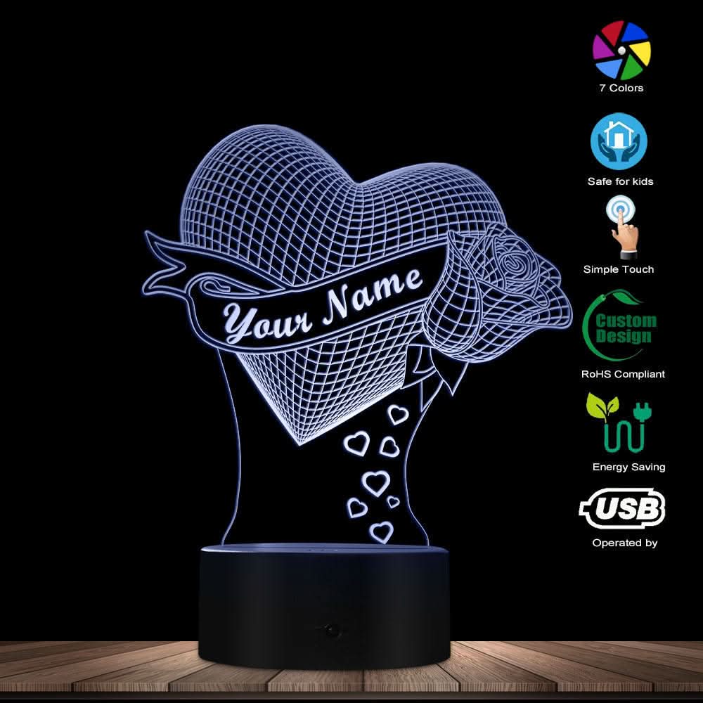 Loving Heart With Rose Name 3D Effect Optical Illusion Table Lamp