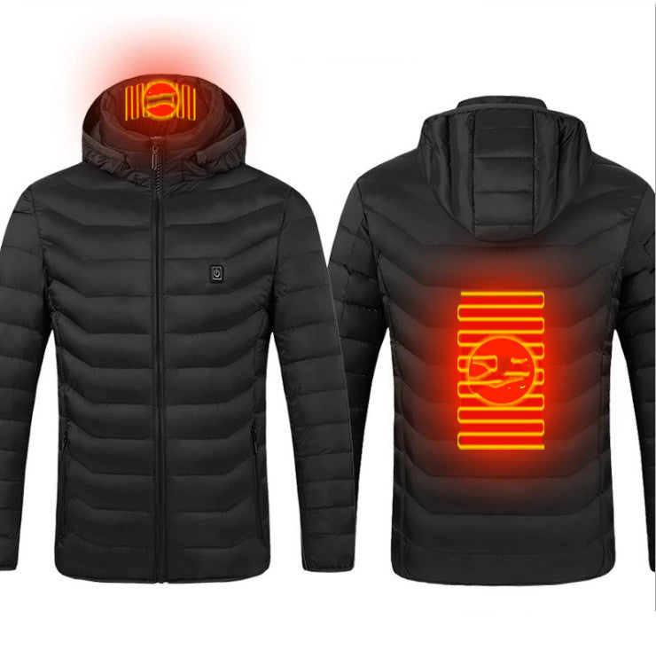 USB heated jacket for men, front view showing wind-resistant softshell design