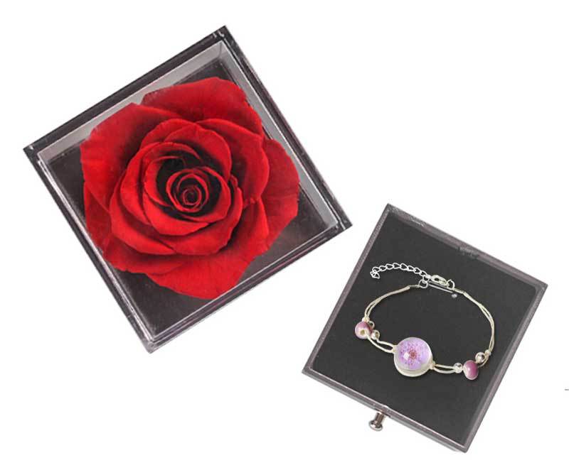 Eternal Rose and Carnation Flower Jewelry Box open