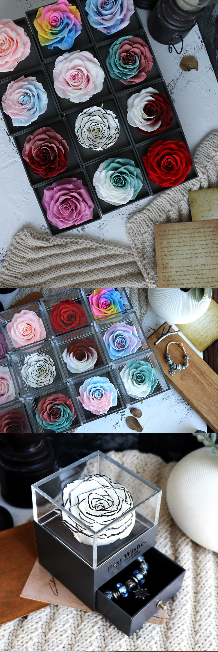Eternal Rose and Carnation Flower Jewelry Box detail