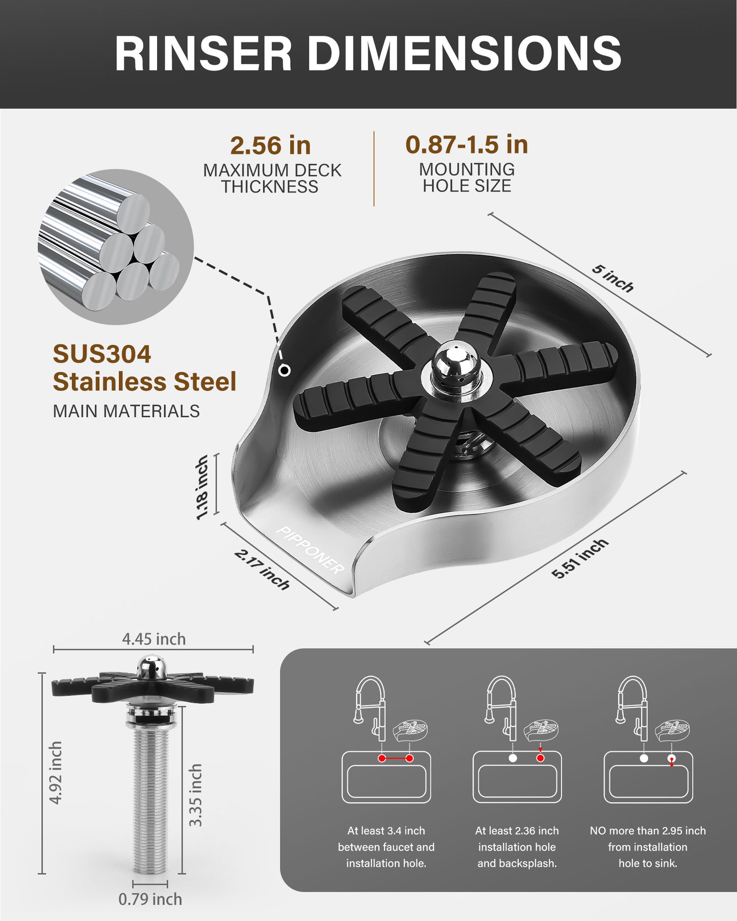 PIPPONER Glasspüler für Küchenspülen, verbesserte 360°-Drehung mit Hochdruckdüse, 5-Zoll-Edelstahl-Becherspüler, Becherspüler-Aufsatz für den privaten und gewerblichen Gebrauch