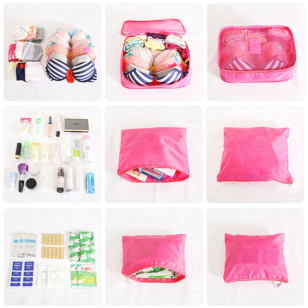 Grid showing what fits in each cube, pouch and bag: underwear, toiletries, small items