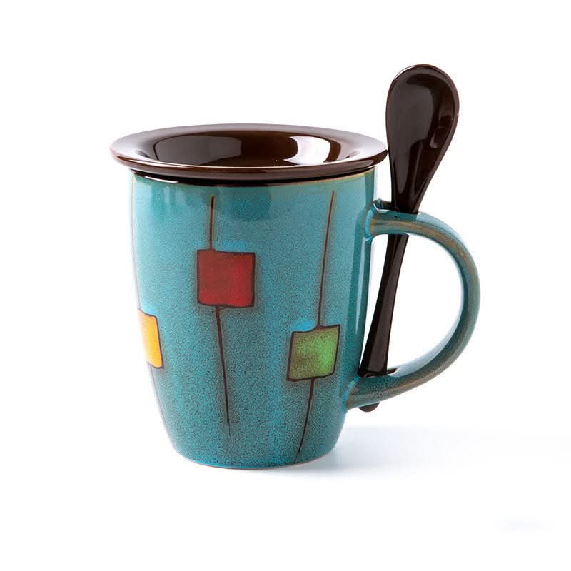 Patterned Coffee, Tea or Milk Cup With Lid Spoon