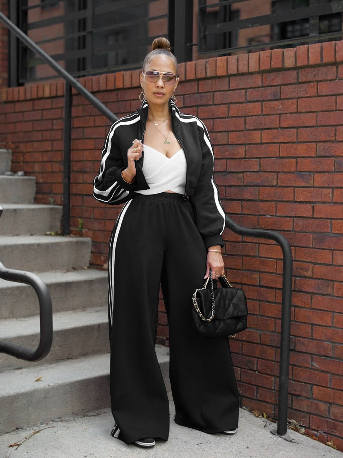 Striped Zip-Up Sweater Two-Piece Set