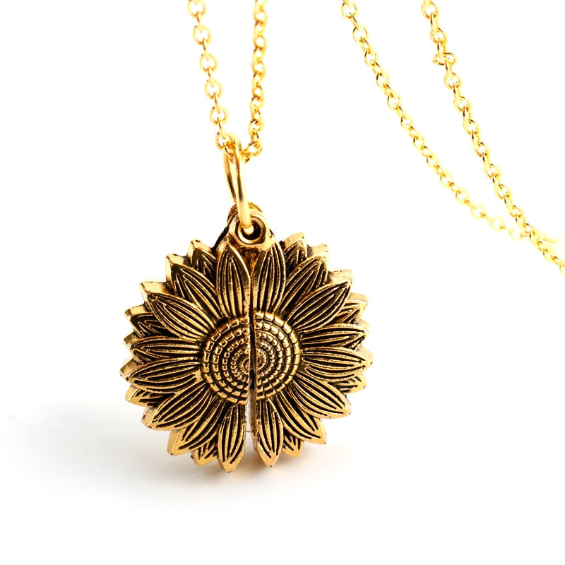 Sunflower pendant necklace, worn view