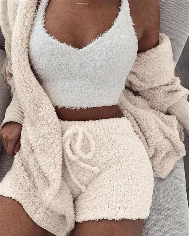 Women's Long Sleeve Crop Top and Shorts Pajama Set, 3pcs