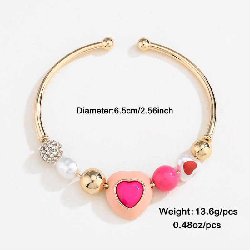 Heart & Peach Faux Pearl-Style Charm Bracelet Set, Adjustable