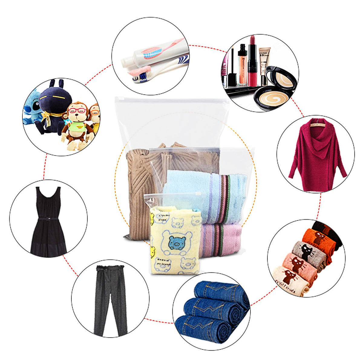 Translucent storage bag with packed clothes, surrounded by examples of items to pack