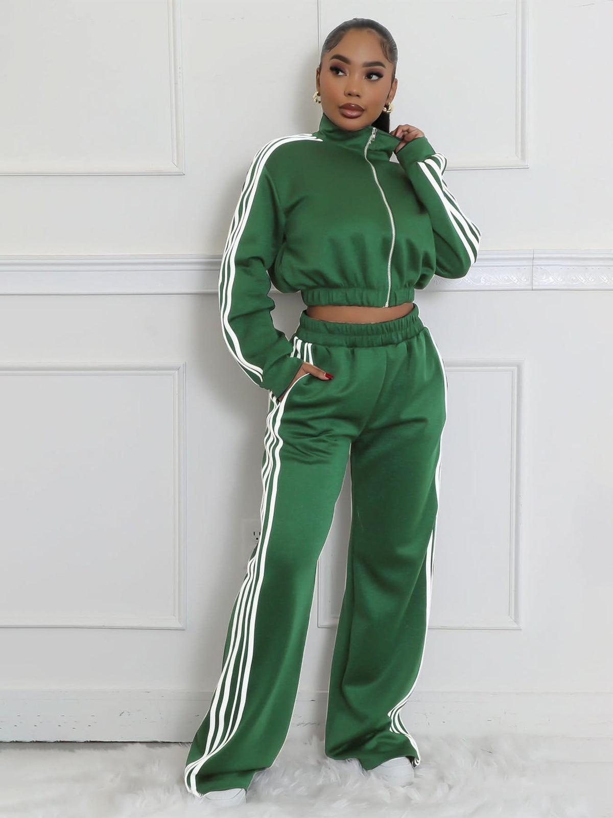 Striped Zip-Up Sweater Two-Piece Set