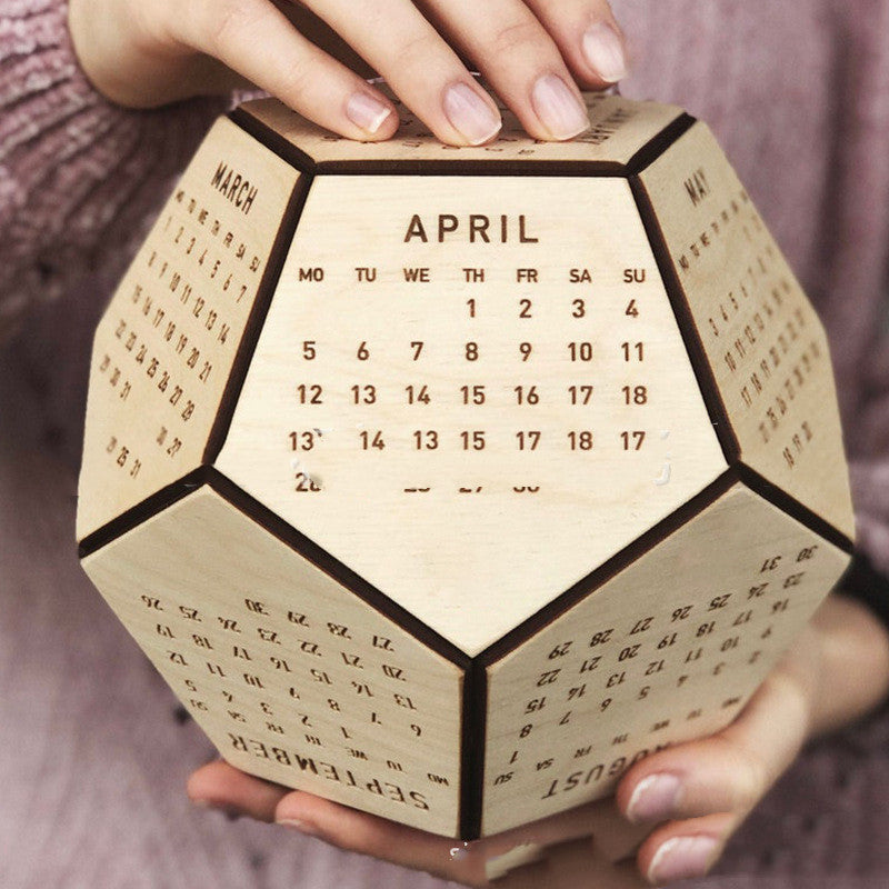 Wooden Calendar Dodecahedron on desk