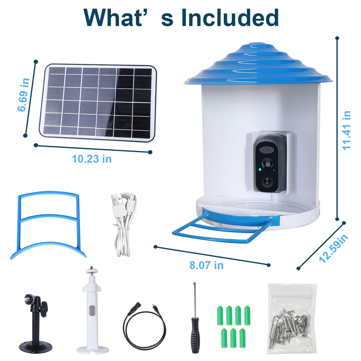 What's included: feeder with camera, solar panel, mounting rods, bracket, cables, screwdriver and screws, with dimensions