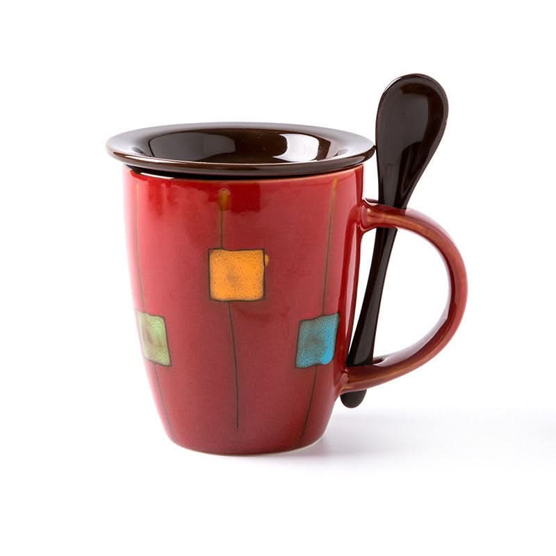 Patterned Coffee, Tea or Milk Cup With Lid Spoon