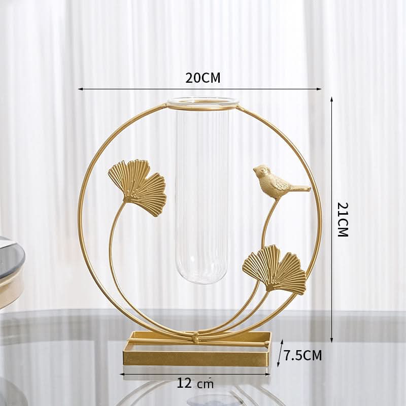 Iron & Glass Vase with Metal Leaf Accent