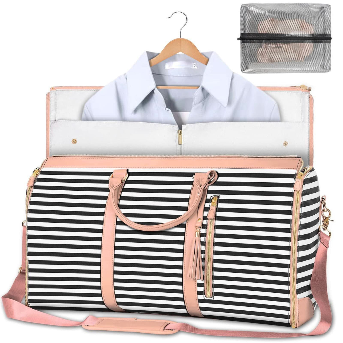 Model B In Black Stripes Large-Capacity Foldable Travel Duffle Bag shown with its garment layout open