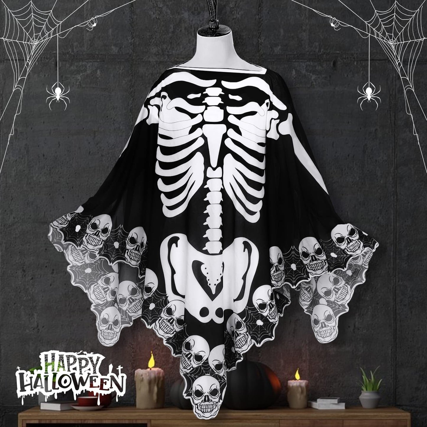 Halloween-Spitzenponcho in Übergröße, Skelett-Umhang, Tag der Toten-Kostüme für Damen, 150 x 150 cm – Verkauf auf Amazon verboten