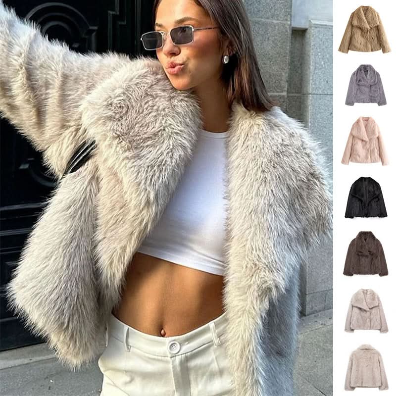 Manteau d'hiver en peluche chaude et épaisse, style tendance, veste à revers duveteuse, haut décontracté à manches longues pour femmes