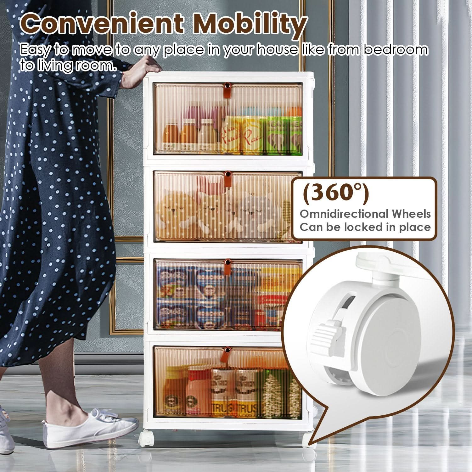 Ensemble de 4 bacs de rangement pliables avec couvercle et porte magnétique, empilables et dotés de 4 roulettes pivotantes à 360°.