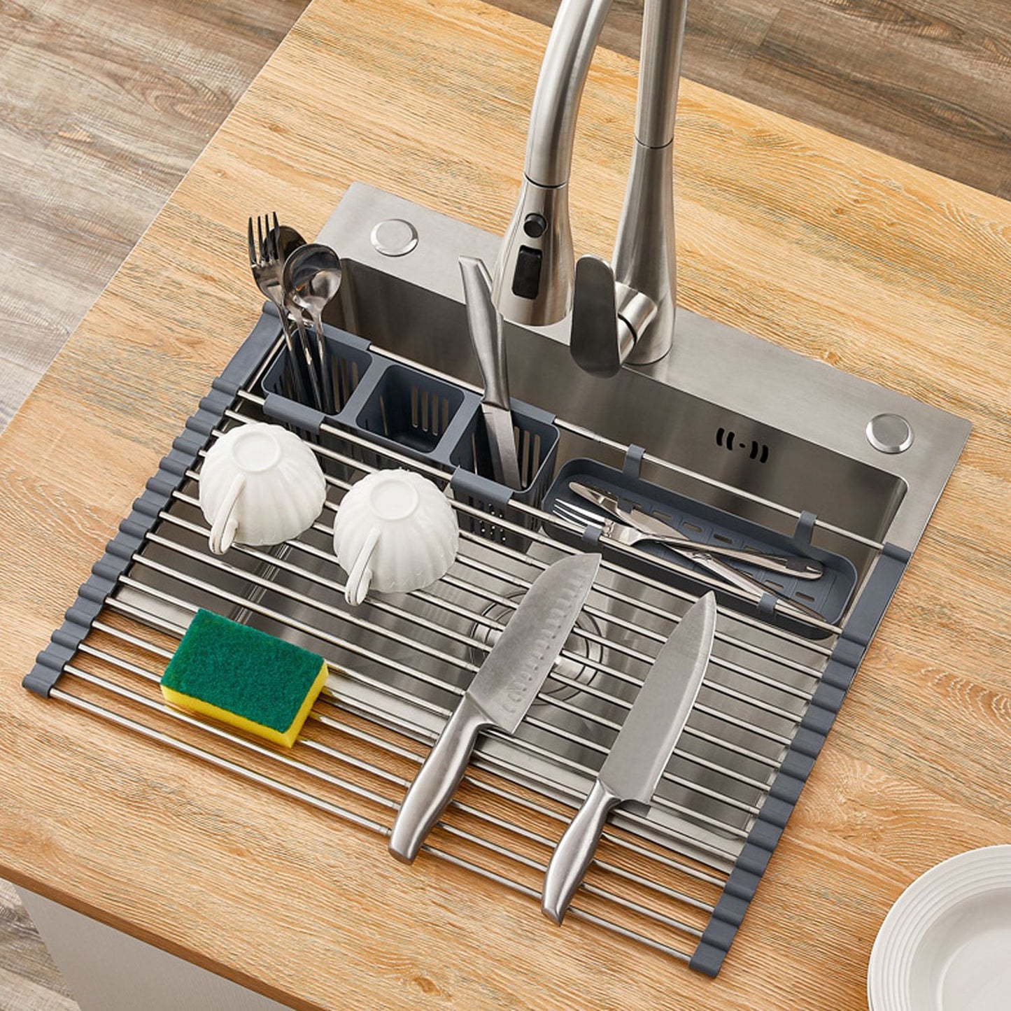 Ausziehbarer, aufrollbarer Geschirrtrockner mit 2 herausnehmbaren Körben, vielseitiger Küchenabtropfkorb, Ablagefach, Aufbewahrungsregal, Edelstahl, platzsparend, für die Spüle geeignet