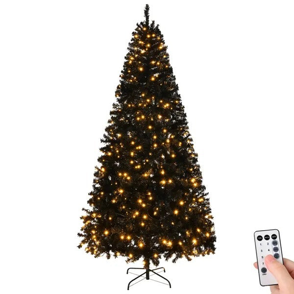 8 FT Pre-lit Artificial Christmas Tree, Hinged Xmas Pine Tree With 1450 Branch Tips, 550 Lights And Remote Control For Holiday Party Office Home, Black