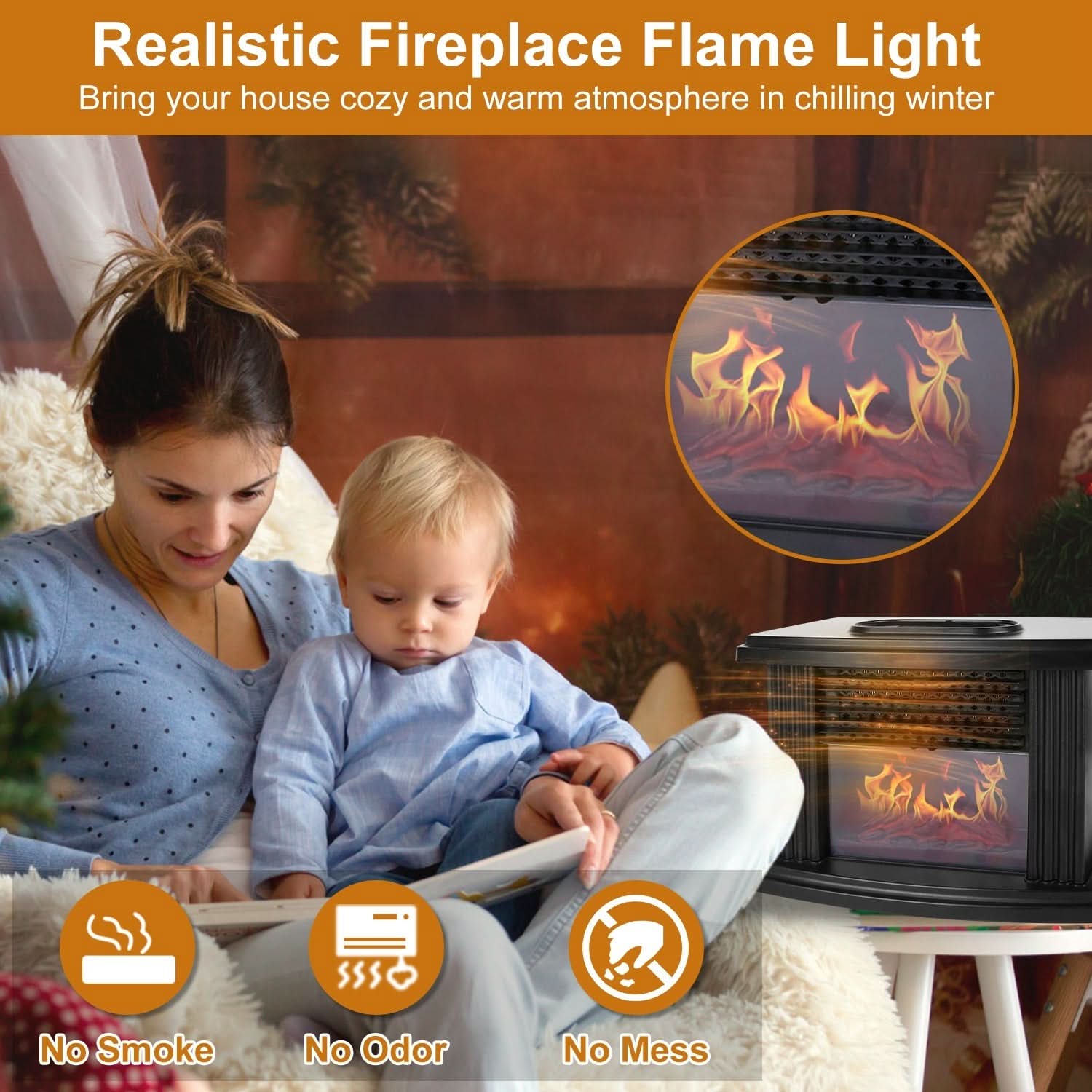 Electric Fireplace Heater 800W with Digital Thermostat