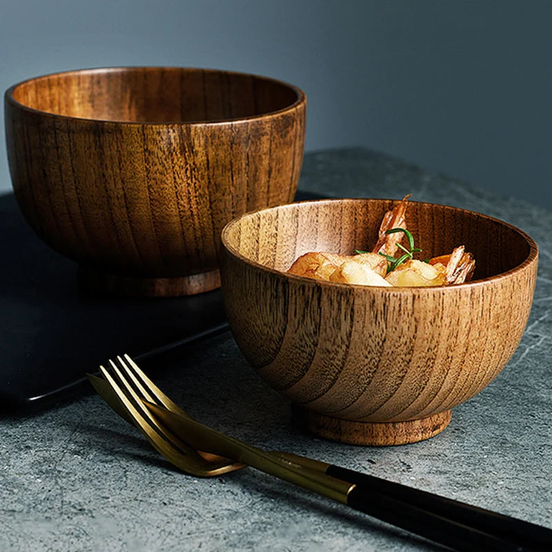 Japanese style wooden bowl soup salad rice bowl