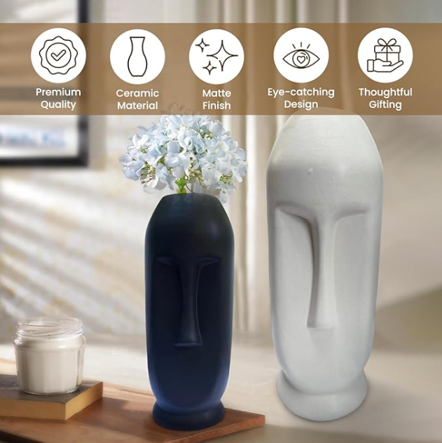 Handgefertigte Keramikvase mit Gesichtsmotiv, Blumenvase, dekorative Vase für Pampasgras, Vase für Wohnzimmer, Esstisch, Landhausstil, 2er-Set (1 kleine schwarze &amp; 1 große weiße)