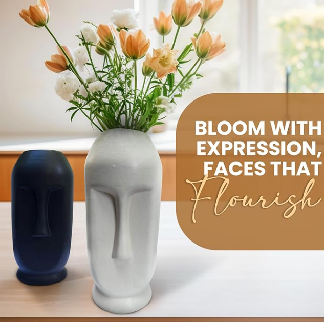 Handgefertigte Keramikvase mit Gesichtsmotiv, Blumenvase, dekorative Vase für Pampasgras, Vase für Wohnzimmer, Esstisch, Landhausstil, 2er-Set (1 kleine schwarze &amp; 1 große weiße)